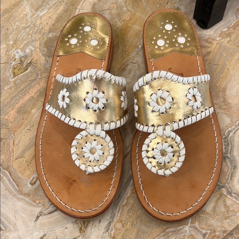 Jack Rogers Metallic Gold With White Whipstitching Sandals, Size 6